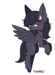 Size: 1920x2600 | Tagged: safe, artist:~cumdog~, oc, oc only, oc:mir, pegasus, pony, big ears, blushing, cel shading, commission, ear fluff, female, flying, hair tie, leg fluff, missing cutie mark, simple background, spread wings, transparent background, wings, ych result