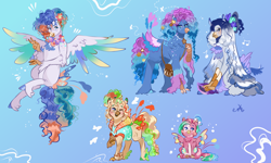 Size: 2000x1200 | Tagged: safe, artist:bunnari, oc, oc only, oc:blue lemonade, oc:bubble piñata, oc:jelly fishbowl, oc:polaris party, oc:seafoam bliss, classical hippogriff, hippogriff, hybrid, princessverse, female, interspecies offspring, magical lesbian spawn, male, offspring, parent:pinkie pie, parent:princess skystar, parents:skypie