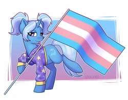 Size: 4200x3300 | Tagged: safe, artist:violyre, trixie, pony, unicorn, g4, abstract background, alternate hairstyle, babysitter trixie, clothes, female, flag, gender headcanon, hoodie, lgbt headcanon, mare, pigtails, pride, pride flag, solo, tongue out, trans female, trans trixie, transgender, transgender pride flag, twintails