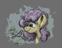 Size: 3300x2550 | Tagged: safe, artist:rigbyh00ves, fluttershy, bird, pony, g4, bust, female, high res, looking at someone, looking at something, mare, smiling, solo, stray strand, three quarter view, tree branch