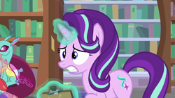 Size: 1920x1080 | Tagged: safe, screencap, ocellus, spiracle, starlight glimmer, changeling, pony, unicorn, a horse shoe-in, g4, female, magic, magic aura, mare, telekinesis