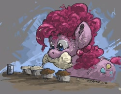 Size: 3300x2550 | Tagged: safe, artist:rigbyh00ves, pinkie pie, earth pony, pony, g4, baking, cupcake, female, food, high res, icing bag, looking at something, mare, mouth hold, solo, three quarter view