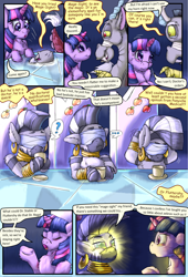 Size: 2160x3168 | Tagged: safe, artist:firefanatic, discord, twilight sparkle, zecora, alicorn, draconequus, pony, zebra, comic:friendship management, g4, blindfold, comic, cup, dialogue, glowing eyes, high res, shrug, teacup, twilight sparkle (alicorn), what is hoo-man