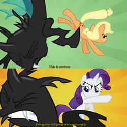 Size: 811x811 | Tagged: safe, applejack, rarity, changeling, a canterlot wedding, g4, meme, ponified meme, sunburst background, who killed captain alex