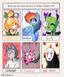 Size: 1080x1289 | Tagged: safe, artist:creamyybun, rainbow dash, dog, pegasus, pony, wolf, anthro, g4, animal crossing, animatronic, anthro with ponies, beastars, bust, clothes, crossover, five nights at freddy's, gir, heterochromia, invader zim, isabelle, legosi (beastars), male, mangle, misspelling, no face, one eye closed, open mouth, out of frame, six fanarts, smiling, spirited away, wink