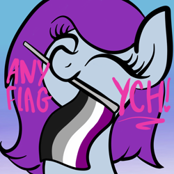 Size: 2100x2100 | Tagged: safe, artist:lannielona, pony, advertisement, asexual, asexual pride flag, bust, commission, eyes closed, female, gradient background, high res, mare, mouth hold, portrait, pride, pride flag, pride month, pride ponies, smiling, solo, your character here