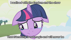 Size: 1280x720 | Tagged: safe, edit, edited screencap, screencap, twilight sparkle, pony, unicorn, g4, winter wrap up, caption, crying, female, floppy ears, image macro, op is a duck, op is trying to start shit, op isn't even trying anymore, snow, solo, text, unicorn twilight