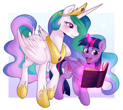 Size: 1962x1756 | Tagged: safe, artist:daxratchet, princess celestia, twilight sparkle, alicorn, pony, g4, book, duo, female, glowing horn, hoof shoes, horn, jewelry, magic, mare, open mouth, peytral, reading, smiling, telekinesis, tiara, twilight sparkle (alicorn)