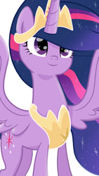 Size: 1080x1920 | Tagged: safe, artist:sallyso, twilight sparkle, alicorn, pony, g4, the last problem, crown, female, jewelry, mare, movie accurate, older, older twilight, older twilight sparkle (alicorn), peytral, princess twilight 2.0, regalia, simple background, smiling, solo, spread wings, twilight sparkle (alicorn), white background, wings