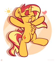 Size: 2276x2560 | Tagged: dead source, safe, artist:php142, sunset shimmer, pony, unicorn, g4, :p, bipedal, chest fluff, cute, ear fluff, eyes closed, female, heart, high res, mare, shimmerbetes, solo, sun, tongue out