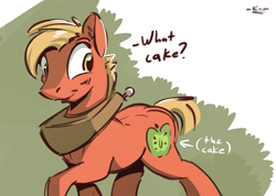 Size: 1285x917 | Tagged: safe, artist:kam, big macintosh, earth pony, pony, g4, cutie mark, dialogue, male, portal (valve), simple background, solo, stallion, text, the cake is a lie