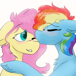 Size: 1600x1600 | Tagged: safe, artist:antimationyt, fluttershy, rainbow dash, pony, g4, blushing, bust, cheek kiss, chest fluff, eyes closed, female, floppy ears, kissing, lesbian, mare, one eye closed, raised hoof, ship:flutterdash, shipping, simple background, smiling, white background