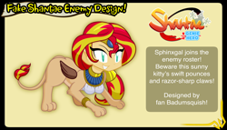 Size: 3738x2132 | Tagged: safe, artist:badumsquish, derpibooru exclusive, sunset shimmer, genie, monster girl, sphinx, equestria girls, g4, bracelet, crossover, fake ad, female, folded wings, grin, high res, imminent pounce, jewelry, ponytail, shantae, shantae: half-genie hero, sharp teeth, smiling, solo, species swap, sphinxified, style emulation, teeth, tiara, video game, video game crossover, wayforward, wings