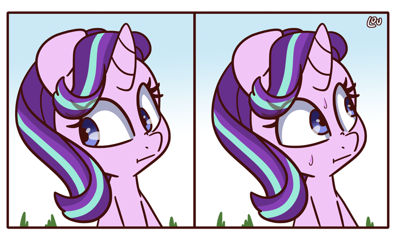 2364215 - safe, artist:lou, starlight glimmer, pony, unicorn, g4, awkward,  female, looking away, mare, meme, monkey puppet, nervous, ponified meme,  shifty eyes, solo, sweat - Derpibooru