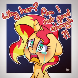 Size: 1500x1500 | Tagged: safe, artist:lou, sunset shimmer, pony, unicorn, g4, bronybait, crying, dialogue, female, floppy ears, implied starlight glimmer, mare, open mouth, question, sad, solo, teary eyes