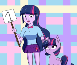 Size: 2556x2164 | Tagged: safe, artist:artiks, twilight sparkle, alicorn, human, pony, equestria girls, g4, atg 2020, female, high res, human ponidox, looking at each other, newbie artist training grounds, self ponidox, solo, twilight sparkle (alicorn)