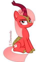 Size: 1590x2600 | Tagged: safe, artist:arifproject, edit, oc, oc:downvote, kirin, pony, derpibooru, g4, cloven hooves, cute, derpibooru ponified, female, horn, kirin-ified, looking at you, mare, meta, ponified, simple background, sitting, smiling, smirk, species swap, text, transparent background, vector