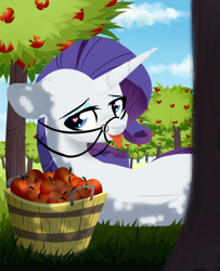 Size: 1300x1600 | Tagged: safe, artist:shiny-dust, rarity, pony, unicorn, g4, apple, apple orchard, apple tree, bridle, bucket, female, food, garden, heart eyes, looking at you, lying on the ground, mare, orchard, reins, solo, tack, tongue out, tree, wingding eyes