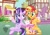 Size: 1023x723 | Tagged: safe, artist:elguere, artist:rerorir, starlight glimmer, sunset shimmer, pony, unicorn, g4, base used, cup, cute, duo, female, food, glimmerbetes, grin, hoof hold, looking at each other, looking at someone, mare, open mouth, ponyville, raised hoof, raised leg, shimmerbetes, sitting, smiling, stool, table, tea, teacup, teapot