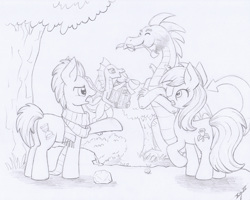 Size: 3050x2445 | Tagged: safe, artist:xeviousgreenii, doctor whooves, roseluck, time turner, dragon, pony, g4, apple, atg 2020, food, high res, monochrome, newbie artist training grounds, traditional art, tree