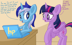 Size: 2400x1500 | Tagged: safe, artist:notadeliciouspotato, minuette, twilight sparkle, alicorn, pony, unicorn, g4, atg 2020, computer, dialogue, duo, female, folded wings, frown, hpony, laptop computer, looking at each other, mare, newbie artist training grounds, raised hoof, smiling, speech bubble, table, twilight sparkle (alicorn), wings