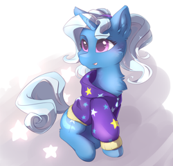 Size: 2500x2400 | Tagged: safe, artist:dreamweaverpony, trixie, pony, unicorn, g4, alternate hairstyle, babysitter trixie, beautiful, cape, cheek fluff, chest fluff, clothes, coat, cute, diatrixes, ear fluff, female, fluffy, high res, hoodie, mare, simple background, sitting, smiling, solo, trixie's cape