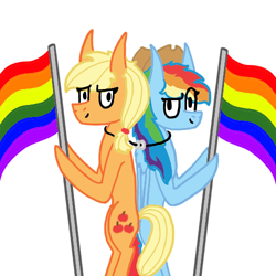Size: 500x500 | Tagged: safe, artist:cococandy2007, applejack, rainbow dash, earth pony, pegasus, pony, accessory theft, appledash, applejack's hat, bipedal, cowboy hat, female, flag, gay pride flag, hat, jewelry, lesbian, mare, necklace, pride, pride flag, pride month, ring, shipping, simple background, white background