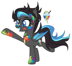 Size: 3037x2791 | Tagged: safe, artist:blissfuldream, oc, oc only, unnamed oc, bat pony, pony, adoptable, bat wings, blue eyes, blue mouth, blue tongue, commission, cutie mark, ear fluff, fangs, female, folded wings, high res, mare, paint, paint stains, raised hoof, raised leg, simple background, slit pupils, solo, transparent background, wings, ych result