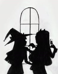 Size: 1645x2114 | Tagged: safe, artist:vilkadvanoli, rarity, twilight sparkle, vampire, equestria girls, g4, alternate universe, female, glass, hat, lesbian, monochrome, ship:rarilight, shipping, silhouette, window, wine glass, witch, witch hat