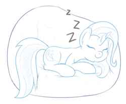 Size: 858x708 | Tagged: safe, artist:djdavid98, derpibooru exclusive, trixie, pony, unicorn, g4, atg 2020, beanbag chair, colored sketch, eyes closed, female, horn, newbie artist training grounds, simple background, sketch, sleeping, solo, white background