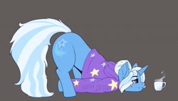 Size: 1280x733 | Tagged: safe, artist:slaphappydrew, trixie, pony, unicorn, g4, alternate hairstyle, babysitter trixie, clothes, coffee, cup, face down ass up, female, gameloft interpretation, hoodie, mare, solo, tired