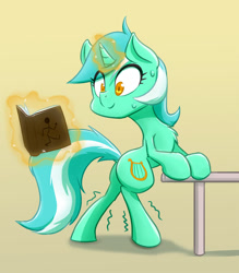 Size: 854x976 | Tagged: safe, artist:ikarooz, lyra heartstrings, pony, unicorn, g4, atg 2020, bipedal, bipedal leaning, book, chest fluff, female, leaning, magic, mare, newbie artist training grounds, solo, standing, sweat, table, telekinesis, that pony sure does love humans, trembling