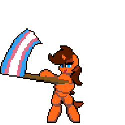 Size: 384x384 | Tagged: safe, artist:bitassembly, part of a set, oc, oc only, oc:painterly flair, pony, unicorn, animated, bipedal, bitassembly's flag ponies, commission, female, flag, flag waving, gif, holding a flag, pixel art, pride, pride flag, simple background, solo, trans female, transgender, transgender pride flag, transparent background, ych result