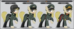 Size: 1280x512 | Tagged: safe, artist:brony-works, oc, oc only, earth pony, pony, blushing, boots, clothes, earth pony oc, eyelashes, female, hat, helmet, mare, raised hoof, reference sheet, shoes, smiling, solo, uniform, weimar republic