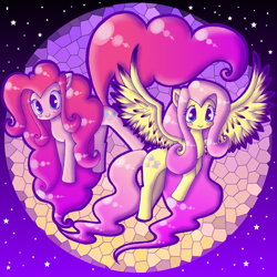 Size: 2000x2000 | Tagged: safe, artist:tigerlillykitty, fluttershy, pinkie pie, earth pony, pegasus, pony, g4, blushing, cute, design, duo, duo female, female, high res, mare, shirt design, spread wings, wings