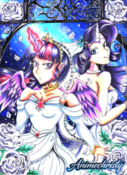 Size: 1197x1650 | Tagged: safe, artist:animechristy, rarity, twilight sparkle, alicorn, human, unicorn, g4, anime, anime style, clothes, commission, copic, dress, female, flower, horns, humanized, lesbian, lesbian wedding, markers, marriage, rose, scanned, ship:rarilight, shipping, shipping fuel, sparkles, traditional art, twilight sparkle (alicorn), watermark, wedding, wedding dress, wedding veil, white rose
