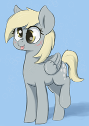 Size: 1276x1790 | Tagged: safe, artist:t72b, derpibooru exclusive, derpy hooves, pegasus, pony, g4, :p, atg 2020, blushing, cute, derpabetes, female, mare, mlem, newbie artist training grounds, raised hoof, scrunchy face, silly, solo, tongue out