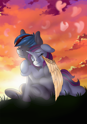 Size: 848x1200 | Tagged: safe, artist:manifest harmony, oc, oc only, pegasus, pony, unicorn, amputee, artificial wings, augmented, duo, eyes closed, heart nostrils, hug, prosthetic limb, prosthetic wing, prosthetics, wings