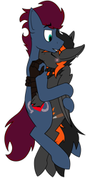 Size: 1633x3235 | Tagged: safe, artist:sythenmcswig, oc, oc only, oc:crafted sky, oc:punch sideiron, earth pony, hippogriff, pony, blushing, cute, duo, ear piercing, gay, holding, male, piercing, simple background, snuggling, talons, transparent background