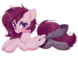 Size: 1200x900 | Tagged: dead source, safe, artist:mysha, oc, oc only, oc:burgundy chalice, earth pony, pony, blushing, clothes, ear piercing, earring, jewelry, lidded eyes, piercing, simple background, smiling, solo, stockings, sultry pose, thigh highs, underhoof, white background