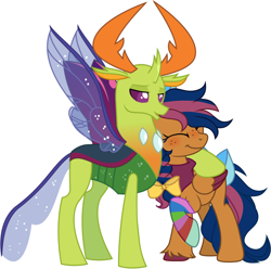 Size: 3494x3473 | Tagged: safe, artist:skairsy, thorax, oc, oc:solar comet, changedling, changeling, pegasus, pony, g4, bandana, bow, clothes, disguise, disguised changeling, eyelashes, eyes closed, high res, hug, king thorax, lidded eyes, simple background, socks, spread wings, striped socks, tail bow, white background, wings