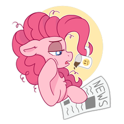 Size: 1280x1280 | Tagged: safe, artist:pink-pone, pinkie pie, pony, g4, coffee mug, female, messy mane, mood, mug, newspaper, open mouth, simple background, solo, transparent background