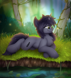 Size: 2000x2200 | Tagged: safe, artist:kianara, oc, oc only, oc:kate, beetle, insect, pony, unicorn, cute, female, forest, grass, high res, horn, light, lying down, mare, river, scenery, smiling, solo