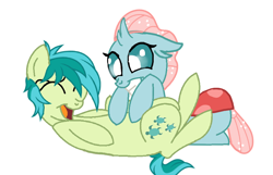 Size: 1080x696 | Tagged: safe, artist:princessdestiny200i, ocellus, sandbar, changedling, changeling, earth pony, pony, g4, base used, cute, diaocelles, eyes closed, female, grin, male, open mouth, sandabetes, ship:ocelbar, shipping, simple background, smiling, straight, tickle torture, tickling, white background