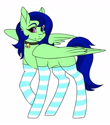 Size: 2207x2508 | Tagged: safe, artist:darkyellowpee, oc, oc only, oc:alilunaa 2.0, pegasus, pony, bell, clothes, collar, female, heterochromia, high res, mare, simple background, socks, solo, striped socks, white background
