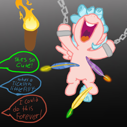 Size: 1080x1080 | Tagged: safe, artist:princessdestiny200i, cozy glow, pegasus, pony, g4, bondage, chains, cozybetes, cute, feather, female, femsub, filly, fire, implied chrysalis, implied grogar, implied lord tirek, levitation, magic, offscreen character, open mouth, shackles, story included, subglow, submissive, telekinesis, tickle torture, tickling, torch, volumetric mouth