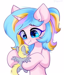 Size: 1800x2100 | Tagged: safe, artist:hydrargyrum, derpy hooves, oc, oc only, oc:oofy colorful, pony, unicorn, bust, female, heart eyes, holding a pony, horn, plushie, simple background, smiling, solo, unicorn oc, white background, wingding eyes