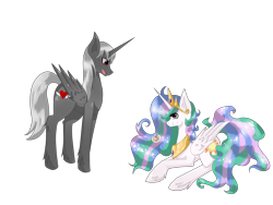 Size: 4000x3000 | Tagged: safe, artist:tomat-in-cup, princess celestia, oc, alicorn, pony, g4, alicorn oc, duo, horn, jewelry, looking down, open mouth, peytral, prone, simple background, tiara, transparent background, wings