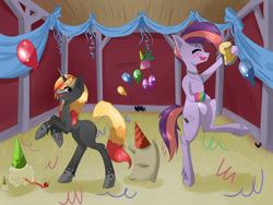 Size: 4000x3000 | Tagged: safe, artist:tomat-in-cup, oc, oc only, earth pony, pony, unicorn, alcohol, balloon, barn, beer, bipedal, confetti, dancing, duo, earth pony oc, hat, hoof hold, horn, mug, open mouth, party hat, party horn, rearing, smiling, unicorn oc