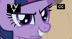 Size: 636x347 | Tagged: safe, edit, edited screencap, screencap, twilight sparkle, pony, unicorn, g4, season 2, secret of my excess, caption, current events, evil smile, female, grin, harsher in hindsight, implied murder, mare, meme, police, smiling, solo, subtitles, text, tv rating, tv-y, unicorn twilight, united states, youtube caption